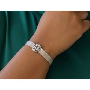 Pandora S925 ALE Sterling Silver Mesh Bracelet 6.25 Inch With Floral Charm